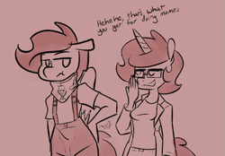 Size: 829x578 | Tagged: safe, artist:whatsapokemon, oc, oc only, oc:jade shine, pegasus, unicorn, anthro, amused, clothes, coat, duo, duo female, female, glasses, neck brace, pants, pegasus oc, shirt, suspenders, t-shirt, unamused