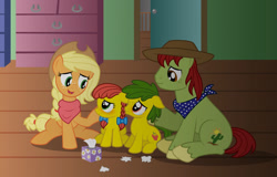 Size: 1280x819 | Tagged: safe, artist:aleximusprime, applejack, tex, oc, oc:annie smith, oc:apple chip, fanfic:apple family memories, flurry heart's story, g4, blushing, bow, brother and sister, clothes, cowboy hat, crying, family, father and child, father and daughter, father and mother, father and son, female, freckles, hat, like father like daughter, like father like son, like mother like daughter, like mother like son, like parent like child, male, mama applejack, mommajack, mother and child, mother and daughter, mother and son, offspring, older, older applejack, parent:applejack, parent:tex, parents and child, parents:texjack, pigtails, sad, scarf, ship:texjack, shipping, siblings, stetson, straight, tissue, tissue box