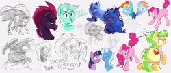 Size: 3989x1706 | Tagged: safe, artist:another_pony, bon bon, chickadee, fluttershy, lyra heartstrings, marble pie, ms. peachbottom, pinkie pie, princess celestia, princess luna, rainbow dash, sweetie drops, tempest shadow, trixie, twilight sparkle, alicorn, earth pony, pegasus, pony, unicorn, g4, angry, balloonbutt, blushing, broken horn, butt, chest fluff, crying, dialogue, dock, eyes closed, horn, lidded eyes, looking at you, looking back, nuzzling, plot, sad, sketch, smiling, smug trixie, sweat, unamused, wide eyes