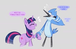 Size: 1773x1147 | Tagged: safe, artist:another_pony, twilight sparkle, bird, blue jay, pony, unicorn, g4, blushing, crossover, crossover shipping, dialogue, eyes closed, female, male, mordecai, mordetwi, regular show, shipping, smiling, straight, unicorn twilight