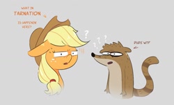 Size: 1471x894 | Tagged: safe, artist:another_pony, applejack, earth pony, pony, raccoon, g4, confused, dialogue, male, question mark, regular show, rigby (regular show)