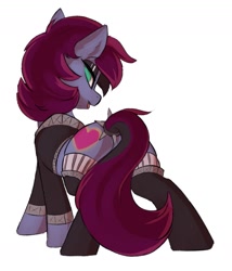 Size: 1391x1626 | Tagged: safe, artist:beardie, oc, oc only, oc:blazing heart, earth pony, pony, butt, clothes, jacket, lidded eyes, looking at you, looking back, looking back at you, plot, socks, spikes, tail, tail wrap, thigh highs