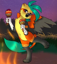 Size: 1790x2000 | Tagged: safe, artist:sondy, oc, oc:atlamanticaricusika'n, griffon, chest fluff, dancing, fire, looking at you, maracas, musical instrument, spread wings, wings
