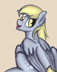 Size: 1050x1330 | Tagged: safe, artist:ahorseofcourse, derpy hooves, pegasus, pony, g4, brown background, female, looking at you, looking back, looking back at you, mare, simple background, solo