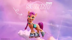 Size: 1000x562 | Tagged: safe, sunny starscout, earth pony, pony, g5, official, cloud, element of hope, female, hope, mare, roller skates, rollerblades, skates, solo