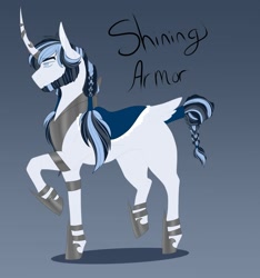 Size: 1869x2000 | Tagged: safe, artist:inisealga, shining armor, pony, g4, alternate design, armor, beach, braid, curved horn, horn, male, redesign, simple background, stallion