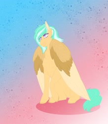 Size: 3016x3442 | Tagged: safe, artist:inisealga, oc, oc only, oc:mango foalix, pegasus, pony, chest fluff, eyebrows, eyebrows visible through hair, female, folded wings, gradient background, high res, looking up, mare, pegasus oc, smiling, solo, wings