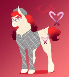 Size: 1446x1617 | Tagged: safe, artist:inisealga, twist, earth pony, pony, g4, alternate design, beanie, butt fluff, clothes, female, glasses, hat, mare, neck fluff, redesign, shirt, simple background, solo