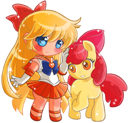 Size: 2410x2324 | Tagged: safe, artist:hadibou, apple bloom, earth pony, human, pony, g4, aino minako, anime, chibi, crossover, female, filly, high res, sailor moon (series), sailor venus