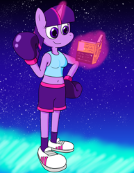 Size: 1484x1920 | Tagged: safe, artist:strangefacts101, twilight sparkle, alicorn, anthro, plantigrade anthro, g4, adidas, book, boxing, boxing gloves, boxing shorts, breasts, busty twilight sparkle, clothes, magic, shoes, shorts, sneakers, socks, solo, space, sports, stars, tank top, twilight sparkle (alicorn)