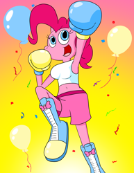 Size: 1468x1900 | Tagged: safe, artist:strangefacts101, pinkie pie, earth pony, anthro, plantigrade anthro, g4, balloon, boots, boxing, boxing gloves, boxing shorts, breasts, busty pinkie pie, clothes, confetti, shoes, solo, sports, tank top