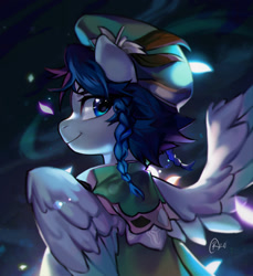 Size: 1170x1280 | Tagged: safe, artist:nervouspink, pegasus, pony, braid, cloak, clothes, game, genshin impact, hat, lidded eyes, looking at you, looking back, male, ponified, smiling, spread wings, venti (genshin impact), wings