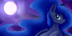 Size: 1600x800 | Tagged: safe, artist:maravor, princess luna, alicorn, pony, g4, female, full moon, looking at you, mare, moon, smiling, solo