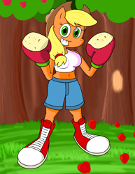 Size: 1468x1900 | Tagged: safe, artist:strangefacts101, applejack, earth pony, anthro, plantigrade anthro, g4, apple, apple tree, applebucking, boots, boxing, boxing gloves, breasts, busty applejack, clothes, converse, denim shorts, food, grass, grin, hat, shoes, shorts, smiling, solo, sports, tank top, tree
