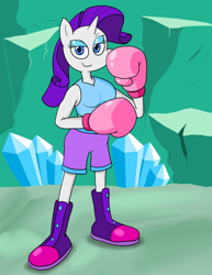 Size: 1468x1900 | Tagged: safe, artist:strangefacts101, rarity, unicorn, anthro, plantigrade anthro, g4, boots, boxing, boxing gloves, boxing shorts, breasts, busty rarity, cave, clothes, crystal, crystal caverns, eyeshadow, makeup, shoes, solo, sports, tank top