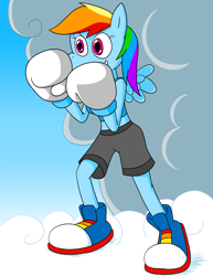 Size: 1468x1900 | Tagged: safe, artist:strangefacts101, rainbow dash, pegasus, anthro, plantigrade anthro, g4, boxing, boxing gloves, boxing shorts, breasts, busty rainbow dash, clothes, cloud, converse, on a cloud, shoes, sky, sneakers, solo, sports, standing on a cloud, tank top, wings