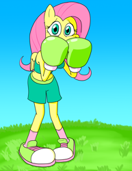 Size: 1468x1900 | Tagged: safe, artist:strangefacts101, fluttershy, pegasus, anthro, plantigrade anthro, g4, boxing, boxing gloves, boxing shorts, breasts, busty fluttershy, clothes, converse, covering face, covering mouth, grass, grass field, hunched over, pigeon toed, scared, shoes, shorts, shy, sneakers, socks, solo, sports, tank top, timid, wings