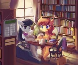 Size: 4096x3440 | Tagged: safe, artist:saxopi, octavia melody, oc, oc:kadae, earth pony, pony, g4, bag, book, bookshelf, calendar, cello, cello case, chair, commission, cottagecore, cute, date, duo, duo female, female, food, high res, indoors, library, looking at each other, mare, musical instrument, smiling, sun, sunlight, table, tea, teapot