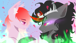 Size: 1080x607 | Tagged: artist needed, safe, king sombra, oc, oc:coloured glaze rose, bat pony, pony, unicorn, g4, canon x oc, duo, duo male, fire, flower, green fire, hoof hold, looking at each other, male, petals, rose, sombrose, stallion