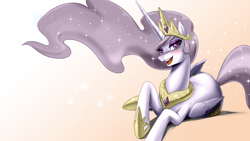 Size: 3840x2160 | Tagged: safe, artist:johnjoseco, edit, editor:lanceomikron, princess celestia, alicorn, pony, princess molestia, g4, beautiful, bedroom eyes, best princess, big sexy, blushing, crown, ethereal mane, eyeshadow, female, flowing mane, folded wings, high res, hoof shoes, jewelry, looking at you, lying down, makeup, mare, open mouth, palette swap, peytral, prone, recolor, regalia, solo, sparkles, wallpaper, wingding eyes, wings