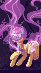 Size: 1274x2283 | Tagged: safe, artist:euzeyccr, oc, oc only, oc:puppysmiles, earth pony, pony, fallout equestria, fallout equestria: pink eyes, canterlot ghoul, fanfic, fanfic art, female, filly, foal, hazmat suit, legends of the three kingdoms, pink cloud, simple background, solo