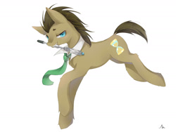 Size: 2400x1800 | Tagged: safe, artist:貂小明, doctor whooves, time turner, earth pony, pony, g4, commission, doctor who, leaping, legends of the three kingdoms, looking at you, male, mouth hold, necktie, simple background, solo, sonic screwdriver, stallion, the doctor, white background
