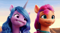 Size: 498x278 | Tagged: safe, screencap, izzy moonbow, sunny starscout, earth pony, pony, unicorn, g5, my little pony: a new generation, official, spoiler:my little pony: a new generation, 3d, animated, duo, female, gif, mare, smiling, tenor gif