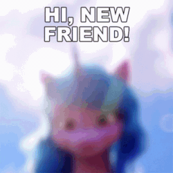 Size: 498x498 | Tagged: safe, edit, edited screencap, screencap, izzy moonbow, pony, unicorn, g5, my little pony: a new generation, official, spoiler:my little pony: a new generation, 3d, animated, caption, cloud, cute, female, gif, hi new friend, izzybetes, lens flare, looking at you, looking down, looking down at you, mare, reaction image, solo, tenor gif, text