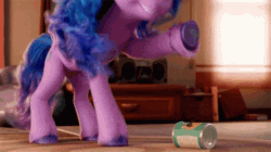 Size: 498x278 | Tagged: safe, screencap, izzy moonbow, pony, unicorn, g5, my little pony: a new generation, official, spoiler:my little pony: a new generation, 3d, animated, beans, can, female, food, gif, izzy impaling things, izzy's beans, mare, solo, tenor gif