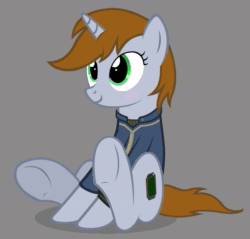 Size: 914x874 | Tagged: safe, artist:mrlolcats17, oc, oc only, oc:littlepip, pony, unicorn, fallout equestria, animated, blushing, clothes, cute, fanfic, fanfic art, female, hooves, horn, jumpsuit, mare, no sound, ocbetes, pipabetes, pipbuck, show accurate, simple background, sitting, smiling, solo, underhoof, vault suit, webm