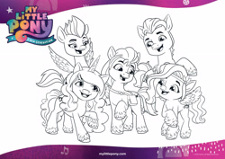 Size: 3508x2480 | Tagged: safe, hitch trailblazer, izzy moonbow, pipp petals, sunny starscout, zipp storm, earth pony, pegasus, pony, unicorn, g5, my little pony: a new generation, official, amazon.com, badge, bag, black and white, bracelet, coloring page, female, grayscale, high res, jewelry, male, mane five, mare, monochrome, my little pony: a new generation logo, outline, satchel, simple background, stallion, text, white background
