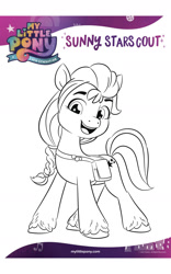 Size: 1500x2400 | Tagged: safe, sunny starscout, earth pony, pony, g5, my little pony: a new generation, official, amazon.com, badge, bag, black and white, coloring page, female, grayscale, mare, monochrome, my little pony: a new generation logo, outline, satchel, simple background, text, white background