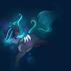 Size: 2449x2449 | Tagged: safe, artist:twisted-sketch, oc, oc only, earth pony, pony, blue background, blue eyes, bubble, commission, dark, deviantart watermark, flowing mane, flowing tail, glowing, glowing eyes, grin, high res, looking at you, obtrusive watermark, ocean, patreon, simple background, smiling, solo, swimming, tail, underwater, water, watermark