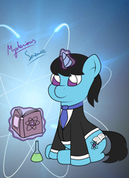 Size: 2550x3509 | Tagged: safe, artist:sparkfler85, derpibooru exclusive, oc, oc only, oc:mysterious science, pony, unicorn, atom, book, clothes, high res, male, necktie, reading, sitting, solo, suit, test tube