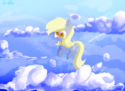 Size: 2000x1458 | Tagged: safe, artist:gnidagovnida, derpy hooves, pegasus, pony, g4, 2014, cheek fluff, chibi, cloud, colored pupils, jumping, on a cloud, sky, solo, tongue out