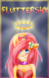 Size: 1905x3000 | Tagged: safe, artist:gnidagovnida, fluttershy, equestria girls, g4, 2014, abstract background, female, halo, musical instrument, pony ears, rainbow rocks outfit, solo, tambourine