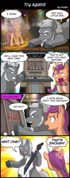 Size: 800x2020 | Tagged: safe, artist:uotapo, alphabittle blossomforth, sunny starscout, earth pony, pony, unicorn, g5, my little pony: a new generation, spoiler:my little pony: a new generation, beatmania iidx, comic, cross-popping veins, crystal tea room, dialogue, duo, fake horn, female, gitadora, gritted teeth, guitar freaks, horn, male, mare, rainbow horn, sore loser, stallion, sweat, sweatdrop, teary eyes