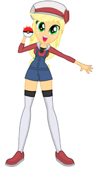 Size: 1350x2368 | Tagged: safe, artist:sapphire, derpibooru exclusive, edit, applejack, equestria girls, g4, alternate clothes, clothes, clothes swap, crossover, female, full body, looking at you, lyra (pokémon), poké ball, pokémon, simple background, smiling, smiling at you, socks, solo, thigh highs, thigh socks, transparent background