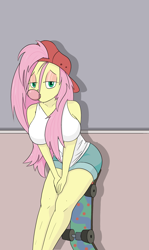 Size: 2799x4682 | Tagged: source needed, safe, artist:happy harvey, fluttershy, equestria girls, g4, 90s grunge fluttershy, alternate hairstyle, backwards ballcap, baseball cap, big breasts, blowing bubbles, breasts, bubblegum, busty fluttershy, cap, clothes, colored pupils, drawthread, eyeshadow, food, gum, hat, leaning, lidded eyes, makeup, phone drawing, shorts, skateboard, tank top