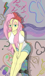 Size: 2799x4682 | Tagged: safe, alternate version, artist:happy harvey, fluttershy, butterfly, equestria girls, g4, 90s grunge fluttershy, alternate hairstyle, backwards ballcap, baseball cap, big breasts, blowing bubbles, breasts, bubblegum, busty fluttershy, cap, cloud, cutie mark, daily dose, drawthread, eyeshadow, female, food, graffiti, gum, hat, illuminati, kilroy, leaning, lidded eyes, lightning, looking at you, loss (meme), makeup, muffin, penis drawing, phone drawing, question mark, rainbow, skateboard, solo