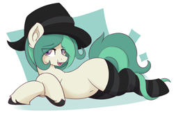Size: 2988x1953 | Tagged: safe, artist:czu, oc, oc only, oc:coven, earth pony, pony, abstract background, belly, belly button, clothes, ear fluff, eye clipping through hair, fangs, hat, looking at you, lying down, male, open mouth, prone, smiling, smiling at you, socks, solo, stallion, striped socks, thigh highs, unshorn fetlocks, witch hat