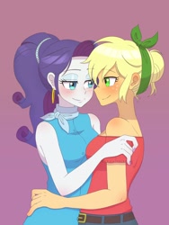 Size: 1620x2160 | Tagged: safe, artist:haibaratomoe, applejack, rarity, equestria girls, g4, alternate hairstyle, bare shoulders, bedroom eyes, belt, clothes, dress, duo, female, hug, jeans, lesbian, looking at each other, pants, purple background, ship:rarijack, shipping, simple background, sleeveless