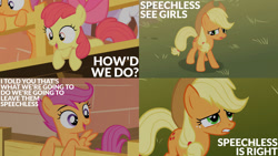 Size: 1280x720 | Tagged: safe, edit, edited screencap, editor:quoterific, screencap, apple bloom, applejack, scootaloo, sweetie belle, earth pony, pegasus, pony, unicorn, g4, season 1, the show stoppers, apple bloom's bow, applejack's hat, bow, clubhouse, cowboy hat, crusaders clubhouse, cutie mark crusaders, female, filly, hair bow, hat, mare, offscreen character, open mouth