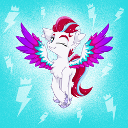 Size: 2500x2500 | Tagged: safe, artist:rurihal, zipp storm, pegasus, pony, g5, chest fluff, colored wings, ear fluff, high res, hoof fluff, one eye closed, wings, wink