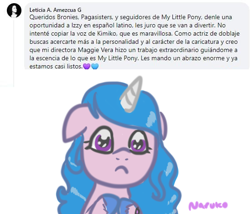 Size: 548x469 | Tagged: safe, artist:wrath-marionphauna, izzy moonbow, pony, unicorn, g5, cute, facebook, izzybetes, latin american, leticia amezcua, ponylatino, sad, sad pony, sadorable, solo, spanish, translated in the description, voice actor, voice actor joke, voice actor reference