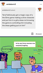 Size: 1112x1890 | Tagged: safe, artist:ask-luciavampire, oc, oc:airi sleepy, oc:drive, oc:terra, earth pony, pegasus, pony, ask ponys gamer club, ask, crossdressing, snickering, stifling laughter, tumblr, video game