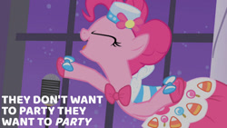 Size: 1280x720 | Tagged: safe, edit, edited screencap, editor:quoterific, screencap, pinkie pie, earth pony, pony, g4, season 1, the best night ever, bipedal, clothes, dress, eyes closed, female, gala dress, mare, microphone, open mouth, solo