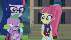 Size: 826x460 | Tagged: safe, edit, edited screencap, screencap, sci-twi, sour sweet, spike, spike the regular dog, twilight sparkle, dog, equestria girls, g4, my little pony equestria girls: friendship games, animated, discovery family logo, gif, holding a dog, text