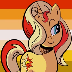 Size: 1280x1280 | Tagged: safe, artist:andypriceart, edit, sunset shimmer, pony, unicorn, g4, butch lesbian pride flag, female, hair over one eye, pride, pride flag, solo