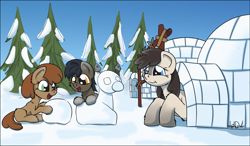 Size: 1992x1165 | Tagged: safe, artist:agent-diego, oc, oc only, oc:frosty flakes, oc:permafrost, fish, pony, yakutian horse, colt, female, filly, foal, house, igloo, male, pinecone, snow, snow mare, snowpony, tree